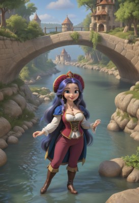 1girl,solo,long hair,breasts,looking at viewer,smile,blue eyes,large breasts,shirt,long sleeves,hat,cleavage,jewelry,medium breasts,very long hair,closed mouth,blue hair,standing,full body,white shirt,purple hair,earrings,boots,outdoors,sky,day,pants,cloud,water,necklace,cape,tree,blue sky,makeup,brown footwear,knee boots,grass,crown,lipstick,building,red headwear,corset,rock,red lips,watercraft,bridge,river,castle,pirate hat,pirate,puffy sleeves,vest,cloudy sky,plant,nature,scenery,bush