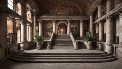 outdoors,day,indoors,no humans,window,sunlight,plant,building,scenery,stairs,door,railing,potted plant,architecture,pillar,arch,column,stone stairs,flower pot