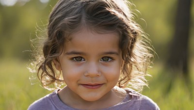 1girl,solo,looking at viewer,smile,short hair,brown hair,shirt,brown eyes,outdoors,parted lips,day,blurry,lips,floating hair,depth of field,blurry background,wind,portrait,curly hair,realistic,closed mouth,messy hair,old woman