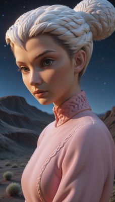 1girl,solo,short hair,dress,brown eyes,green eyes,upper body,braid,white hair,outdoors,parted lips,sky,artist name,signature,hair bun,from side,lips,grey eyes,eyelashes,double bun,night,single hair bun,star (sky),night sky,starry sky,freckles,mountain,realistic,nose,braided bun,breasts,blue eyes,white dress,makeup,french braid,pink shirt,crown braid