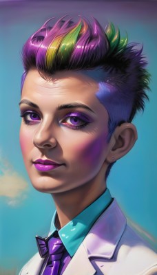 1girl,solo,looking at viewer,smile,short hair,shirt,bow,jewelry,closed mouth,purple eyes,jacket,purple hair,multicolored hair,earrings,green hair,necktie,collared shirt,dark skin,bowtie,two-tone hair,dark-skinned female,lips,eyelashes,makeup,blue background,formal,white jacket,suit,lipstick,portrait,eyeshadow,realistic,nose,stud earrings,eyeliner,very short hair,undercut,purple lips,purple necktie,mascara,purple eyeshadow,upper body,artist name,signature,watermark,web address,asymmetrical hair