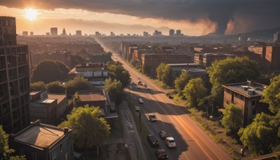 outdoors,sky,cloud,tree,no humans,window,sunlight,cloudy sky,ground vehicle,building,scenery,motor vehicle,sunset,city,sun,car,road,cityscape,house,bridge,street,skyscraper,evening,rooftop,truck,signature,bush,twilight