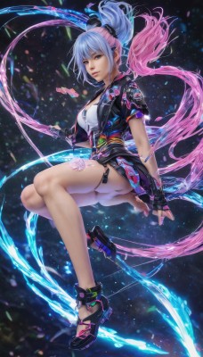 1girl,solo,long hair,breasts,looking at viewer,bangs,blue eyes,skirt,hair ornament,gloves,cleavage,jewelry,medium breasts,underwear,blue hair,jacket,full body,ponytail,weapon,pink hair,ass,short sleeves,multicolored hair,open clothes,shoes,black gloves,fingerless gloves,two-tone hair,open jacket,lips,black jacket,thigh strap,scrunchie,floating,nose,holding,barefoot,pointy ears,sword,holding weapon,legs,bare legs,tattoo,gradient hair,realistic