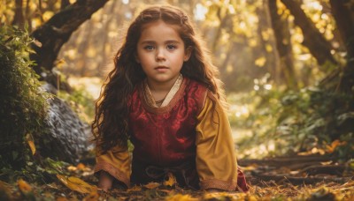 1girl,solo,long hair,looking at viewer,blue eyes,brown hair,long sleeves,brown eyes,closed mouth,upper body,outdoors,day,blurry,black eyes,tree,lips,depth of field,blurry background,leaf,sunlight,nature,forest,curly hair,realistic,nose,parted lips,wavy hair,plant,child,female child,autumn