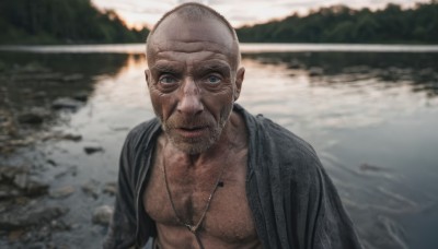 solo,looking at viewer,short hair,blue eyes,shirt,1boy,jewelry,closed mouth,nipples,jacket,upper body,grey hair,male focus,outdoors,open clothes,water,necklace,blurry,open shirt,muscular,facial hair,scar,pectorals,muscular male,bara,beard,reflection,large pectorals,mature male,realistic,bald,manly,bare pectorals,old,chest hair,old man,river,photo background,wrinkled skin,smile,day,dark skin,blurry background,abs,meme