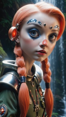 1girl,solo,long hair,looking at viewer,blue eyes,hair ornament,twintails,jewelry,upper body,braid,red hair,earrings,parted lips,necklace,orange hair,armor,blurry,twin braids,lips,grey eyes,eyelashes,makeup,blurry background,lipstick,hair over shoulder,eyeshadow,freckles,realistic,nose,red lips,multiple braids,blush,facial mark,extra eyes