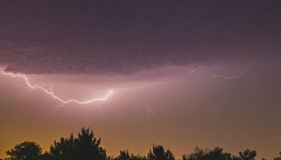 outdoors,sky,cloud,tree,no humans,cloudy sky,nature,scenery,forest,sunset,electricity,lightning,gradient sky,yellow sky