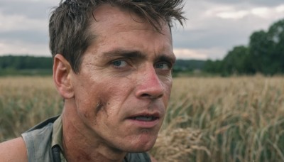 solo,looking at viewer,short hair,blue eyes,brown hair,shirt,black hair,1boy,male focus,outdoors,parted lips,sky,teeth,sleeveless,day,cloud,blurry,blurry background,portrait,realistic,field,dirty,dirty face,collared shirt,grey eyes,cloudy sky,grass