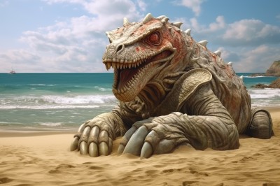 solo,open mouth,red eyes,outdoors,sky,teeth,day,cloud,water,blue sky,pokemon (creature),no humans,ocean,beach,sharp teeth,claws,monster,realistic,sand,watercraft,giant,boat,dinosaur,kaijuu,cloudy sky,shell,alien,horror (theme)