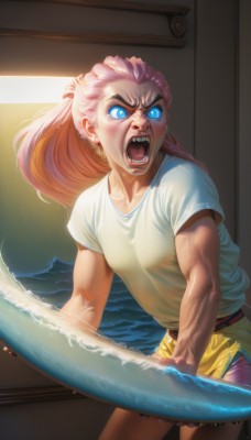 1girl,solo,long hair,breasts,open mouth,blue eyes,shirt,white shirt,ponytail,pink hair,short sleeves,shorts,teeth,indoors,signature,water,muscular,glowing,ocean,fangs,parody,thick eyebrows,t-shirt,glowing eyes,angry,veins,nose,shouting,yellow shorts,fine art parody,weapon,earrings,realistic,veiny arms