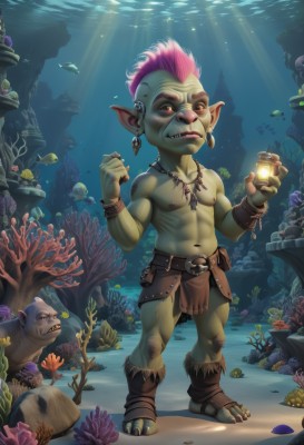 solo,1boy,navel,brown eyes,jewelry,nipples,full body,pink hair,male focus,earrings,teeth,pointy ears,belt,necklace,bracelet,muscular,colored skin,fangs,piercing,abs,fish,topless male,underwater,air bubble,green skin,shell,loincloth,monster boy,mohawk,orc,tusks,turtle,coral,goblin,short hair,barefoot,water,sharp teeth,bubble,skull,lantern,rock,realistic,bald,submerged,nose piercing,fish boy