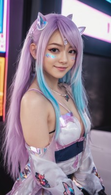 1girl,solo,long hair,breasts,looking at viewer,smile,bangs,hair ornament,gloves,bare shoulders,jewelry,medium breasts,closed mouth,underwear,blue hair,upper body,pink hair,purple hair,multicolored hair,small breasts,japanese clothes,horns,black gloves,kimono,necklace,off shoulder,bra,black eyes,two-tone hair,lips,see-through,sash,gradient hair,makeup,facial mark,obi,eyeshadow,realistic,nose,mascara,animal ears,detached sleeves,from side,grey eyes,headgear