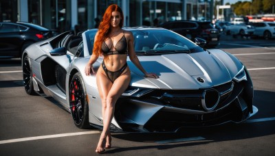 1girl,solo,long hair,breasts,looking at viewer,large breasts,navel,cleavage,underwear,panties,braid,red hair,outdoors,barefoot,bra,orange hair,lips,black panties,underwear only,crossed legs,lingerie,ground vehicle,black bra,hair over shoulder,motor vehicle,realistic,car,road,vehicle focus,sports car,brown hair,city