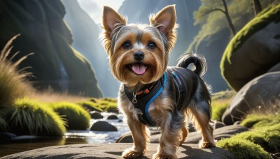 HQ,solo,open mouth,blue eyes,outdoors,day,tongue,signature,tongue out,water,blurry,collar,tree,no humans,animal,grass,nature,scenery,dog,rock,mountain,realistic,animal focus,looking at viewer,fangs