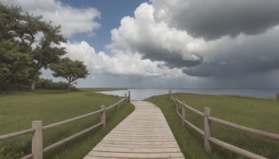 outdoors,sky,day,cloud,water,tree,blue sky,no humans,cloudy sky,grass,nature,scenery,fence,railing,horizon,road,bush,path,ocean,field,landscape