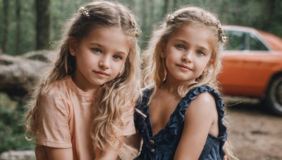 long hair,breasts,looking at viewer,smile,blue eyes,multiple girls,blonde hair,brown hair,shirt,hair ornament,dress,2girls,closed mouth,upper body,flower,short sleeves,outdoors,sleeveless,hair flower,blurry,lips,depth of field,blurry background,blue dress,siblings,wavy hair,sisters,ground vehicle,motor vehicle,forehead,curly hair,twins,realistic,car,cleavage,day,messy hair,child,nature,forest,female child