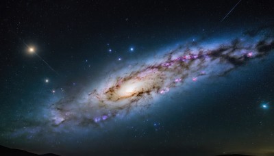 outdoors,sky,cloud,star (symbol),tree,no humans,night,moon,cherry blossoms,star (sky),night sky,scenery,starry sky,horizon,landscape,shooting star,space,galaxy,milky way