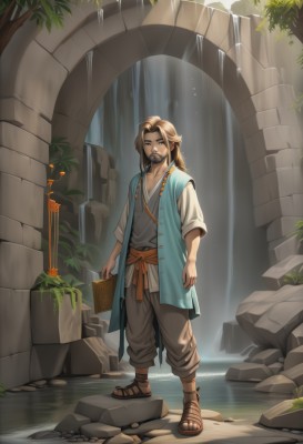 solo,long hair,looking at viewer,brown hair,1boy,holding,brown eyes,standing,full body,male focus,outdoors,pants,water,tree,book,sash,facial hair,brown footwear,sandals,plant,beard,holding book,robe,rock,mustache,pillar,waterfall,tunic,moss,smile,jewelry,one eye closed