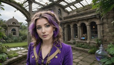 1girl,solo,long hair,breasts,looking at viewer,smile,blue eyes,brown hair,cleavage,jewelry,medium breasts,jacket,upper body,purple hair,multicolored hair,earrings,outdoors,parted lips,sky,day,cloud,indoors,mole,two-tone hair,tree,lips,grey eyes,dutch angle,window,makeup,leaf,wavy hair,plant,lipstick,building,scenery,curly hair,stairs,realistic,nose,potted plant,vines,house,arch,ivy,purple eyes,collarbone,flower,watermark,grass,purple jacket,architecture,garden