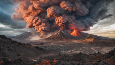 outdoors, sky, cloud, no humans, cloudy sky, fire, scenery, mountain, landscape, molten rock