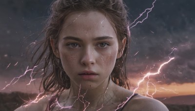 1girl,solo,long hair,looking at viewer,brown hair,brown eyes,outdoors,parted lips,sky,cloud,medium hair,mole,blurry,lips,cloudy sky,messy hair,portrait,freckles,realistic,nose,electricity,lightning,mole on cheek,blurry background,expressionless,close-up,forehead,injury,straight-on,dirty,dirty face,sparks