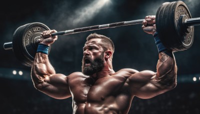 solo,short hair,open mouth,1boy,nipples,upper body,male focus,blurry,muscular,blurry background,facial hair,abs,pectorals,muscular male,wristband,beard,topless male,realistic,mustache,manly,old,old man,biceps,exercise,weightlifting