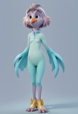 1girl,solo,breasts,smile,short hair,open mouth,simple background,brown hair,navel,standing,full body,small breasts,wings,grey background,bodysuit,colored skin,bird,feathers,monster girl,feathered wings,claws,furry female,harpy,winged arms,talons,beak,bird legs,blue eyes,nude,multicolored hair,teeth,shadow,blue background,furry,no pussy,blue feathers