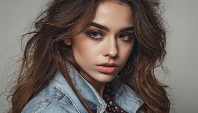 1girl,solo,long hair,looking at viewer,simple background,brown hair,shirt,brown eyes,jewelry,jacket,parted lips,grey background,necklace,lips,eyelashes,thick eyebrows,denim,messy hair,portrait,realistic,nose,red lips,denim jacket,blue jacket,close-up,forehead