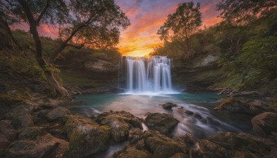 outdoors, sky, cloud, water, tree, no humans, nature, scenery, forest, sunset, rock, river, waterfall