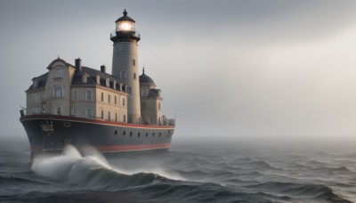 outdoors,sky,artist name,cloud,signature,water,no humans,ocean,cloudy sky,scenery,watercraft,ship,waves,boat,smokestack,fog,grey sky,building,light,architecture,tower