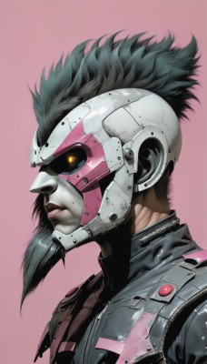 1girl,solo,simple background,black hair,1boy,jacket,yellow eyes,upper body,male focus,artist name,dark skin,armor,from side,lips,profile,mask,glowing,watermark,pink background,portrait,glowing eyes,web address,science fiction,realistic,nose,cyborg,cyberpunk,facial hair,helmet,zipper,leather,leather jacket,mohawk