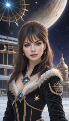 1girl,solo,long hair,breasts,looking at viewer,brown hair,long sleeves,cleavage,brown eyes,jewelry,medium breasts,upper body,earrings,outdoors,parted lips,sky,artist name,signature,necklace,lips,fur trim,makeup,night,watermark,moon,gem,star (sky),night sky,full moon,starry sky,realistic,nose,space,planet,bangs,dress,black dress