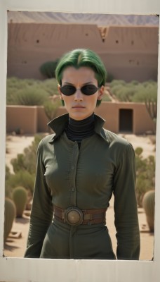 1girl,solo,breasts,looking at viewer,short hair,long sleeves,medium breasts,closed mouth,standing,jacket,upper body,earrings,outdoors,green hair,belt,artist name,signature,blurry,lips,blurry background,turtleneck,sunglasses,realistic,nose,photo (object),shirt,facing viewer,backlighting