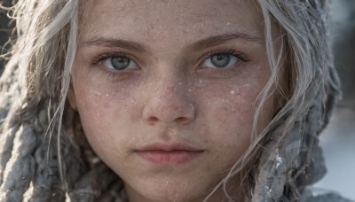 1girl,solo,long hair,looking at viewer,closed mouth,braid,white hair,blurry,lips,wet,grey eyes,eyelashes,depth of field,blurry background,portrait,close-up,freckles,realistic,nose