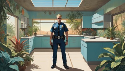 solo,looking at viewer,short hair,blonde hair,shirt,1boy,holding,standing,full body,weapon,short sleeves,male focus,necktie,shoes,collared shirt,belt,pants,indoors,black footwear,holding weapon,uniform,gun,window,muscular,shadow,facial hair,sunglasses,blue shirt,knife,plant,holding gun,black necktie,handgun,watch,black belt,blue pants,wristwatch,potted plant,wide shot,police,police uniform,kitchen,counter,radio,walkie-talkie,closed mouth,pocket,tiles,undercut,sink,cabinet,polo shirt