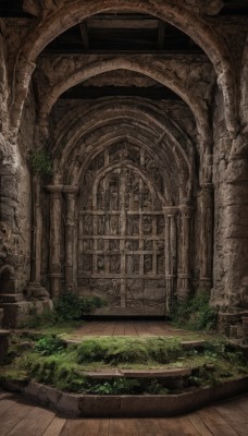 outdoors,indoors,tree,no humans,window,grass,plant,scenery,stairs,architecture,ruins,bridge,pillar,arch,moss,overgrown,column,wooden floor,fantasy,door,vines