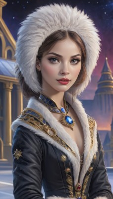 1girl,solo,breasts,looking at viewer,smile,blue eyes,brown hair,cleavage,jewelry,upper body,earrings,small breasts,outdoors,parted lips,sky,choker,artist name,hood,necklace,blurry,lips,coat,grey eyes,fur trim,eyelashes,makeup,night,blurry background,lipstick,gem,star (sky),night sky,pendant,starry sky,freckles,nose,winter clothes,red lips,fur hat,long hair,long sleeves,brown eyes,jacket,hood up,realistic,mascara