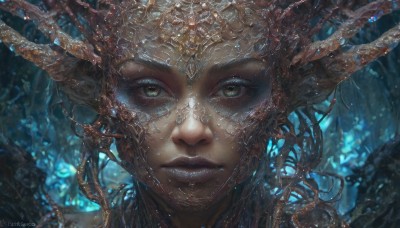 1girl,solo,looking at viewer,jewelry,closed mouth,green eyes,yellow eyes,parted lips,pointy ears,artist name,blurry,lips,eyelashes,blurry background,watermark,portrait,web address,close-up,freckles,realistic,fantasy,straight-on,horns,makeup,glowing,light particles,scales