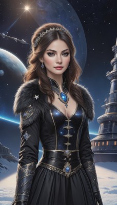 1girl,solo,long hair,breasts,looking at viewer,smile,brown hair,gloves,long sleeves,dress,cleavage,brown eyes,jewelry,medium breasts,closed mouth,standing,cowboy shot,earrings,sky,black gloves,artist name,signature,necklace,star (symbol),armor,black dress,lips,fur trim,makeup,watermark,wavy hair,moon,tiara,crown,brooch,gauntlets,gem,star (sky),web address,starry sky,fur collar,realistic,nose,arms at sides,red lips,space,planet,earth (planet),spacecraft