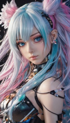 1girl,solo,long hair,breasts,looking at viewer,bangs,blue eyes,hair ornament,bare shoulders,jewelry,medium breasts,closed mouth,blue hair,upper body,pink hair,flower,multicolored hair,earrings,hair flower,from side,two-tone hair,lips,eyelashes,aqua hair,makeup,piercing,feathers,black background,ear piercing,eyeshadow,realistic,nose,mascara,hairband,artist name,mole,two side up,mole under eye,gradient hair,expressionless,pink flower,pink lips