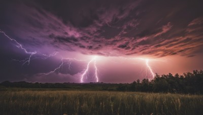 outdoors,sky,cloud,tree,no humans,cloudy sky,grass,nature,scenery,forest,sunset,electricity,field,lightning,landscape,red sky