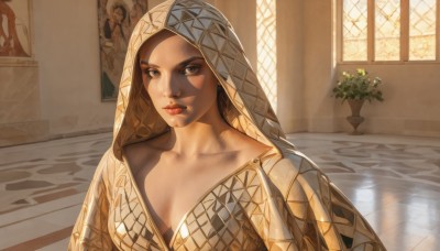 1girl,solo,breasts,looking at viewer,brown hair,cleavage,brown eyes,medium breasts,closed mouth,collarbone,upper body,indoors,dark skin,hood,dark-skinned female,lips,window,makeup,shadow,sunlight,plant,veil,hood up,robe,realistic,nose,red lips,potted plant,long hair,flower,lipstick,breasts apart,facepaint,vase