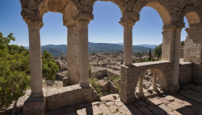 outdoors,sky,day,cloud,tree,blue sky,no humans,building,nature,scenery,mountain,ruins,pillar,landscape,arch,column,water,plant