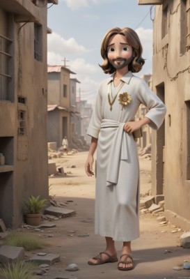 1girl,solo,looking at viewer,smile,short hair,brown hair,long sleeves,1boy,dress,brown eyes,jewelry,standing,full body,flower,outdoors,sky,solo focus,day,medium hair,necklace,bag,white dress,facial hair,sandals,plant,building,child,beard,rock,city,realistic,female child,potted plant,male child,ruins,power lines,dirty,utility pole,flip-flops,debris,dirty clothes,open mouth,collarbone,teeth,artist name,hand on hip,parted bangs,sash,toes,grass,robe,sunflower,collared dress,road,house,white robe,flower pot,parted hair,alley