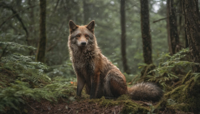 looking at viewer, outdoors, day, blurry, tree, no humans, depth of field, animal, plant, nature, forest, realistic, animal focus