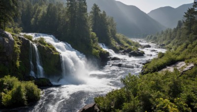 outdoors,sky,day,cloud,water,tree,no humans,nature,scenery,forest,rock,mountain,river,waterfall,landscape,fog,lake