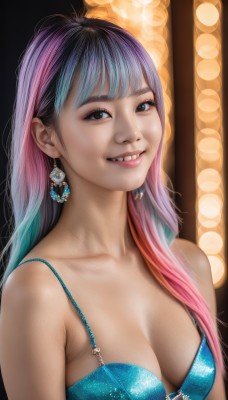 1girl,solo,long hair,breasts,looking at viewer,smile,bangs,cleavage,bare shoulders,brown eyes,jewelry,medium breasts,underwear,blue hair,collarbone,swimsuit,upper body,pink hair,bikini,multicolored hair,earrings,parted lips,teeth,artist name,signature,bra,grin,blurry,black eyes,two-tone hair,lips,eyelashes,gradient hair,makeup,blurry background,watermark,web address,eyeshadow,realistic,nose,black hair,blunt bangs,fangs,gem