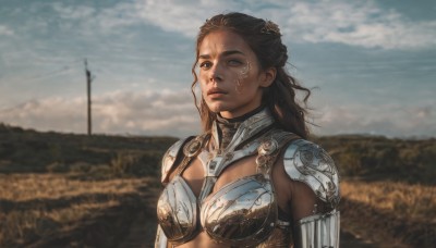 1girl,solo,long hair,breasts,looking at viewer,brown hair,hair ornament,brown eyes,medium breasts,upper body,outdoors,sky,cloud,dark skin,armor,blurry,dark-skinned female,lips,blurry background,shoulder armor,science fiction,realistic,bikini armor,day,cloudy sky