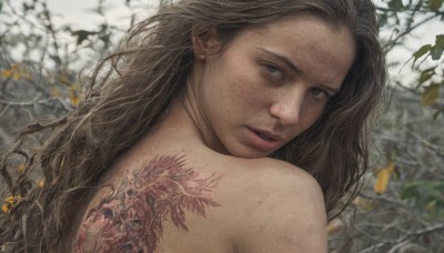 1girl,solo,long hair,looking at viewer,brown hair,brown eyes,upper body,nude,parted lips,looking back,from behind,blurry,lips,tattoo,leaf,back,wavy hair,portrait,freckles,realistic,back tattoo,black hair,bare shoulders,blurry background,branch