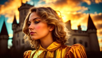 HQ,1girl,solo,short hair,blue eyes,blonde hair,brown hair,dress,jewelry,upper body,earrings,outdoors,sky,cloud,mole,blurry,lips,eyelashes,makeup,depth of field,blurry background,looking away,cloudy sky,looking up,lipstick,building,portrait,eyeshadow,freckles,curly hair,realistic,nose,castle,tower,church,mole on cheek,blush,watermark,wavy hair,sunlight,web address,backlighting,sunset,stud earrings,mascara